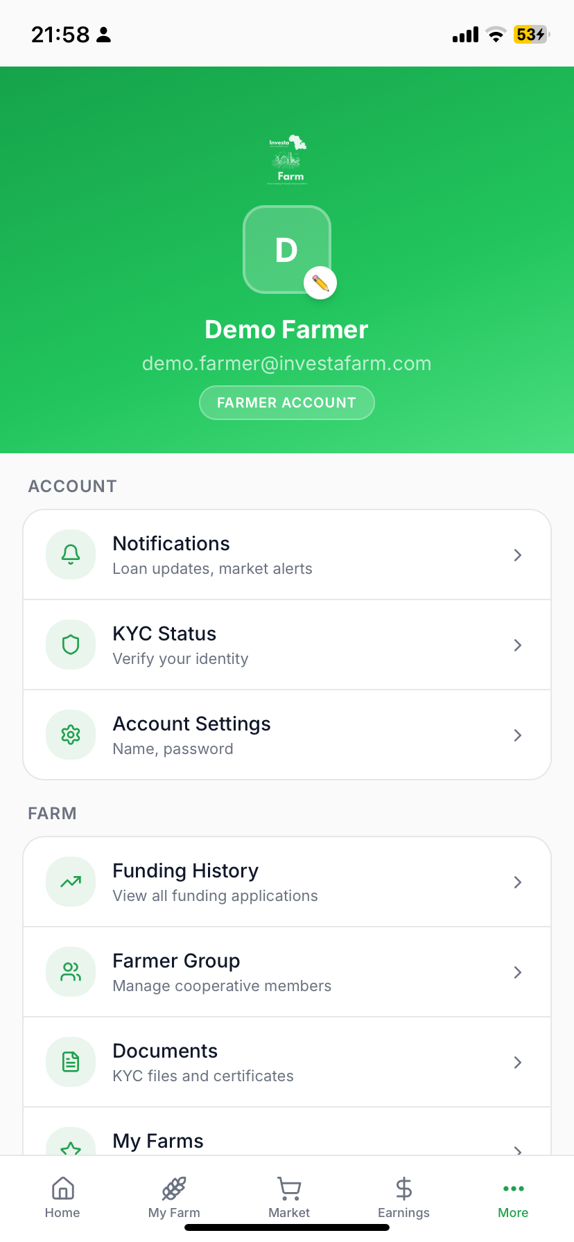 Farmer profile on Investa Farm app